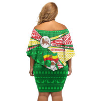 Ethiopia Christmas Off Shoulder Short Dress with Santa Riding Lion Ethiopian Flag Colors and Tribal Pattern Design - Wonder Print Shop