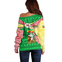 Ethiopia Christmas Off Shoulder Sweater with Santa Riding Lion Ethiopian Flag Colors and Tribal Pattern Design - Wonder Print Shop