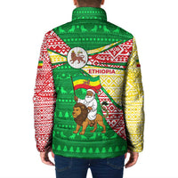 Ethiopia Christmas Padded Jacket with Santa Riding Lion Ethiopian Flag Colors and Tribal Pattern Design - Wonder Print Shop