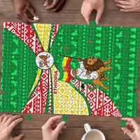 Ethiopia Christmas Puzzle with Santa Riding Lion Ethiopian Flag Colors and Tribal Pattern Design - Wonder Print Shop