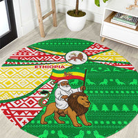 Ethiopia Christmas Round Carpet with Santa Riding Lion Ethiopian Flag Colors and Tribal Pattern Design - Wonder Print Shop