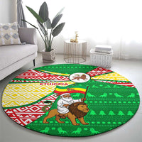 Ethiopia Christmas Round Carpet with Santa Riding Lion Ethiopian Flag Colors and Tribal Pattern Design - Wonder Print Shop