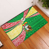 Ethiopia Christmas Rubber Doormat with Santa Riding Lion Ethiopian Flag Colors and Tribal Pattern Design - Wonder Print Shop