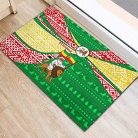 Ethiopia Christmas Rubber Doormat with Santa Riding Lion Ethiopian Flag Colors and Tribal Pattern Design - Wonder Print Shop