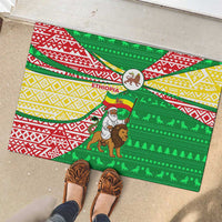 Ethiopia Christmas Rubber Doormat with Santa Riding Lion Ethiopian Flag Colors and Tribal Pattern Design - Wonder Print Shop