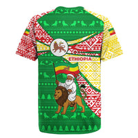 Ethiopia Christmas Rugby Jersey with Santa Riding Lion Ethiopian Flag Colors and Tribal Pattern Design - Wonder Print Shop