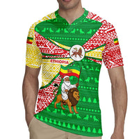 Ethiopia Christmas Rugby Jersey with Santa Riding Lion Ethiopian Flag Colors and Tribal Pattern Design - Wonder Print Shop