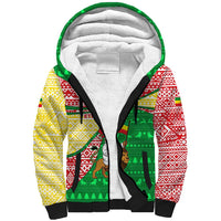 Ethiopia Christmas Sherpa Hoodie with Santa Riding Lion Ethiopian Flag Colors and Tribal Pattern Design - Wonder Print Shop