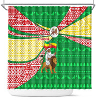 Ethiopia Christmas Shower Curtain with Santa Riding Lion Ethiopian Flag Colors and Tribal Pattern Design - Wonder Print Shop