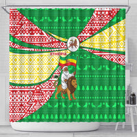 Ethiopia Christmas Shower Curtain with Santa Riding Lion Ethiopian Flag Colors and Tribal Pattern Design - Wonder Print Shop