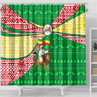 Ethiopia Christmas Shower Curtain with Santa Riding Lion Ethiopian Flag Colors and Tribal Pattern Design - Wonder Print Shop