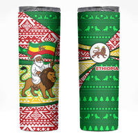 Ethiopia Christmas Skinny Tumbler with Santa Riding Lion Ethiopian Flag Colors and Tribal Pattern Design - Wonder Print Shop