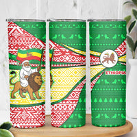 Ethiopia Christmas Skinny Tumbler with Santa Riding Lion Ethiopian Flag Colors and Tribal Pattern Design - Wonder Print Shop