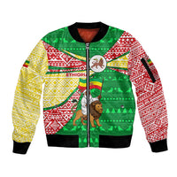 Ethiopia Christmas Sleeve Zip Bomber Jacket with Santa Riding Lion Ethiopian Flag Colors and Tribal Pattern Design - Wonder Print Shop