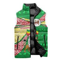 Ethiopia Christmas Sleeveless Puffer Jacket with Santa Riding Lion Ethiopian Flag Colors and Tribal Pattern Design - Wonder Print Shop