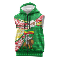 Ethiopia Christmas Sleeveless Zip Hoodie with Santa Riding Lion Ethiopian Flag Colors and Tribal Pattern Design - Wonder Print Shop
