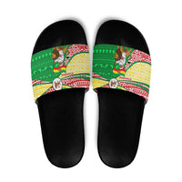 Ethiopia Christmas Slide Sandals with Santa Riding Lion Ethiopian Flag Colors and Tribal Pattern Design - Wonder Print Shop