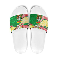 Ethiopia Christmas Slide Sandals with Santa Riding Lion Ethiopian Flag Colors and Tribal Pattern Design - Wonder Print Shop