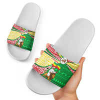 Ethiopia Christmas Slide Sandals with Santa Riding Lion Ethiopian Flag Colors and Tribal Pattern Design - Wonder Print Shop