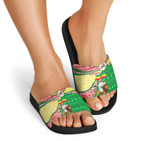 Ethiopia Christmas Slide Sandals with Santa Riding Lion Ethiopian Flag Colors and Tribal Pattern Design - Wonder Print Shop