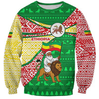 Ethiopia Christmas Sweatshirt with Santa Riding Lion Ethiopian Flag Colors and Tribal Pattern Design - Wonder Print Shop