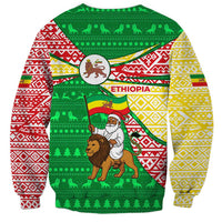 Ethiopia Christmas Sweatshirt with Santa Riding Lion Ethiopian Flag Colors and Tribal Pattern Design - Wonder Print Shop