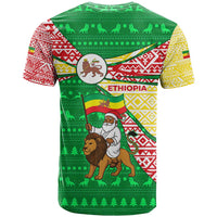 Ethiopia Christmas T Shirt with Santa Riding Lion Ethiopian Flag Colors and Tribal Pattern Design - Wonder Print Shop