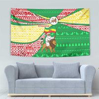 Ethiopia Christmas Tapestry with Santa Riding Lion Ethiopian Flag Colors and Tribal Pattern Design - Wonder Print Shop
