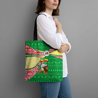 Ethiopia Christmas Tote Bag with Santa Riding Lion Ethiopian Flag Colors and Tribal Pattern Design - Wonder Print Shop