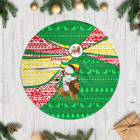 Ethiopia Christmas Tree Skirt with Santa Riding Lion Ethiopian Flag Colors and Tribal Pattern Design - Wonder Print Shop