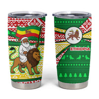 Ethiopia Christmas Tumbler Cup with Santa Riding Lion Ethiopian Flag Colors and Tribal Pattern Design - Wonder Print Shop