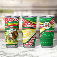 Ethiopia Christmas Tumbler Cup with Santa Riding Lion Ethiopian Flag Colors and Tribal Pattern Design - Wonder Print Shop