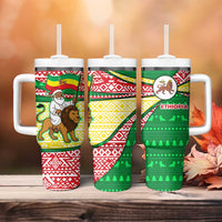Ethiopia Christmas Tumbler With Handle with Santa Riding Lion Ethiopian Flag Colors and Tribal Pattern Design - Wonder Print Shop