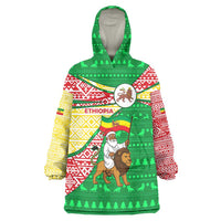 Ethiopia Christmas Wearable Blanket Hoodie with Santa Riding Lion Ethiopian Flag Colors and Tribal Pattern Design - Wonder Print Shop
