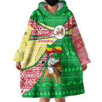 Ethiopia Christmas Wearable Blanket Hoodie with Santa Riding Lion Ethiopian Flag Colors and Tribal Pattern Design - Wonder Print Shop
