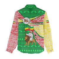 Ethiopia Christmas Women Casual Shirt with Santa Riding Lion Ethiopian Flag Colors and Tribal Pattern Design - Wonder Print Shop