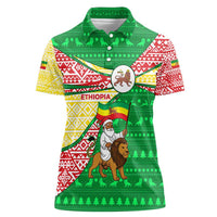 Ethiopia Christmas Women Polo Shirt with Santa Riding Lion Ethiopian Flag Colors and Tribal Pattern Design - Wonder Print Shop