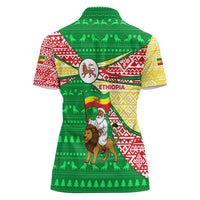 Ethiopia Christmas Women Polo Shirt with Santa Riding Lion Ethiopian Flag Colors and Tribal Pattern Design - Wonder Print Shop