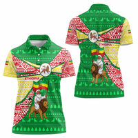 Ethiopia Christmas Women Polo Shirt with Santa Riding Lion Ethiopian Flag Colors and Tribal Pattern Design - Wonder Print Shop