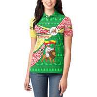 Ethiopia Christmas Women Polo Shirt with Santa Riding Lion Ethiopian Flag Colors and Tribal Pattern Design - Wonder Print Shop