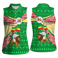 Ethiopia Christmas Women Sleeveless Polo Shirt with Santa Riding Lion Ethiopian Flag Colors and Tribal Pattern Design - Wonder Print Shop