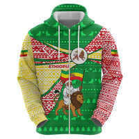 Ethiopia Christmas Zip Hoodie with Santa Riding Lion Ethiopian Flag Colors and Tribal Pattern Design - Wonder Print Shop