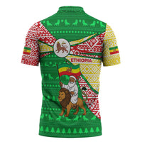 Ethiopia Christmas Zipper Polo Shirt with Santa Riding Lion Ethiopian Flag Colors and Tribal Pattern Design - Wonder Print Shop