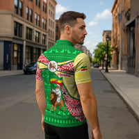 Ethiopia Christmas Zipper Polo Shirt with Santa Riding Lion Ethiopian Flag Colors and Tribal Pattern Design - Wonder Print Shop