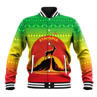 Ethiopia Christmas Baseball Jacket with Mountain Gazelle Sunset Ethiopian Flag Colors and Tribal Pattern Design - Wonder Print Shop