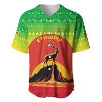 Ethiopia Christmas Baseball Jersey with Mountain Gazelle Sunset Ethiopian Flag Colors and Tribal Pattern Design - Wonder Print Shop