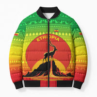 Ethiopia Christmas Bomber Puffer Jacket with Mountain Gazelle Sunset Ethiopian Flag Colors and Tribal Pattern Design - Wonder Print Shop