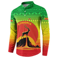 Ethiopia Christmas Button Sweatshirt with Mountain Gazelle Sunset Ethiopian Flag Colors and Tribal Pattern Design - Wonder Print Shop