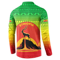 Ethiopia Christmas Button Sweatshirt with Mountain Gazelle Sunset Ethiopian Flag Colors and Tribal Pattern Design - Wonder Print Shop