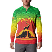 Ethiopia Christmas Button Sweatshirt with Mountain Gazelle Sunset Ethiopian Flag Colors and Tribal Pattern Design - Wonder Print Shop